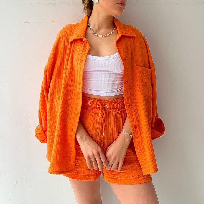 Look Printanier Décontracté – Ensemble Chemise & Short Taille Haute Orange