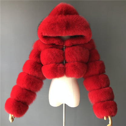 Veste Duvet à Capuche en Fausse Fourrure | Élégance & Chaleur — Sylviea Gros rouge
