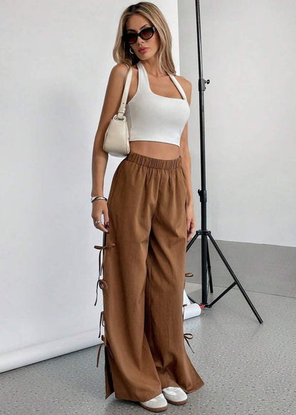 Pantalon femme large taille haute contrasté Brun