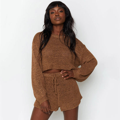 Independent station hot autumn and winter sweater long sleeve suit Amazon cross-border new home solid color shorts two-piece suit