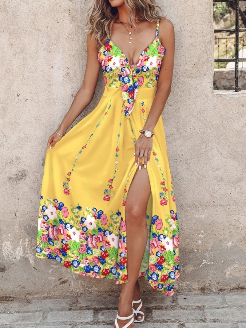 Robe a Col V et Longue Tropicale à Bretelles