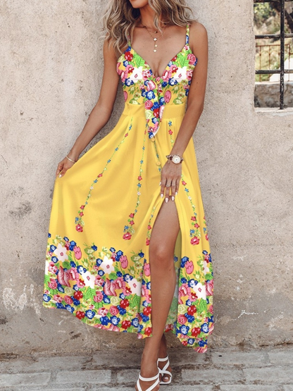 Robe a Col V et Longue Tropicale à Bretelles