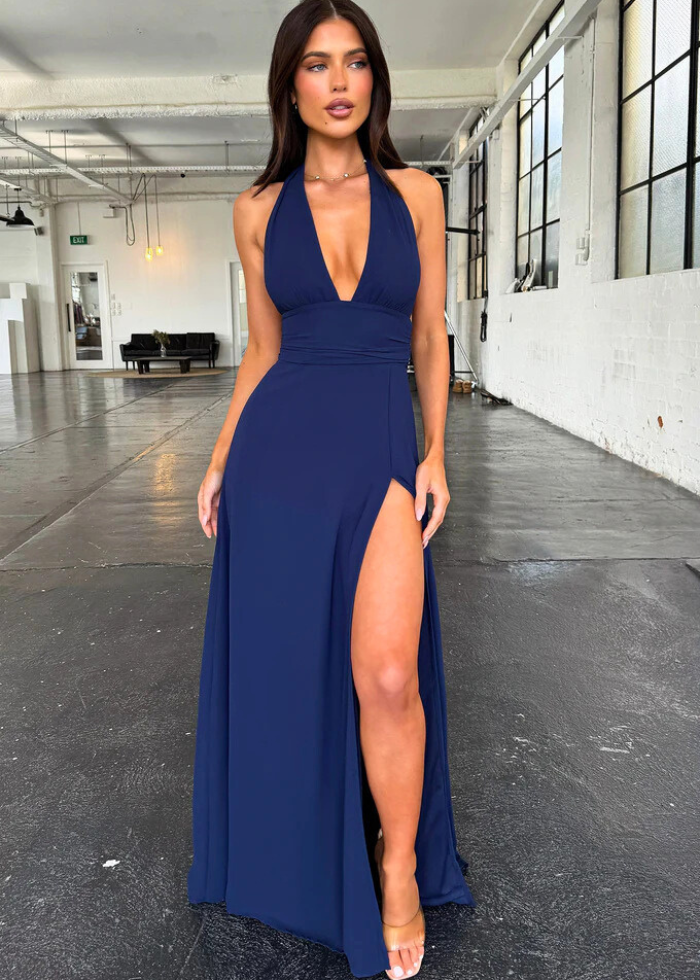 Robe longue décolleté V fendue Bleu foncé