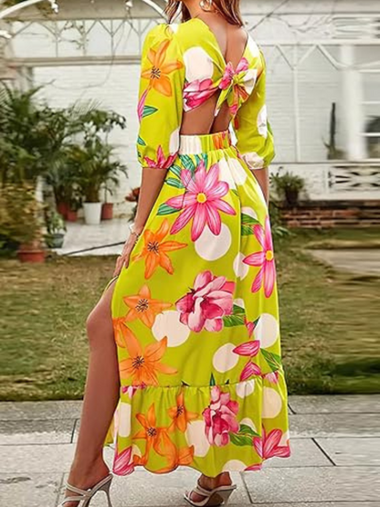 Robe Longue Bohème Decorative Col V Fendu