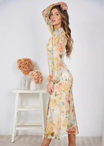 Robe Slim à Imprimé Floral en Chiffon