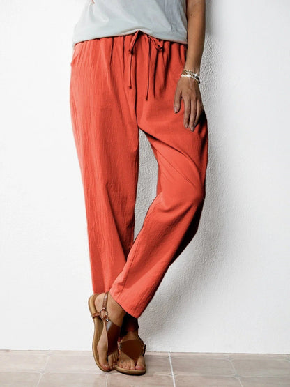 Pantalon Décontracté en Coton et Lin, Taille Élastique Femme