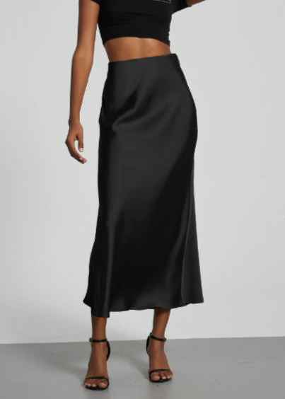 Jupe longue satinée femme élégante chic Noir