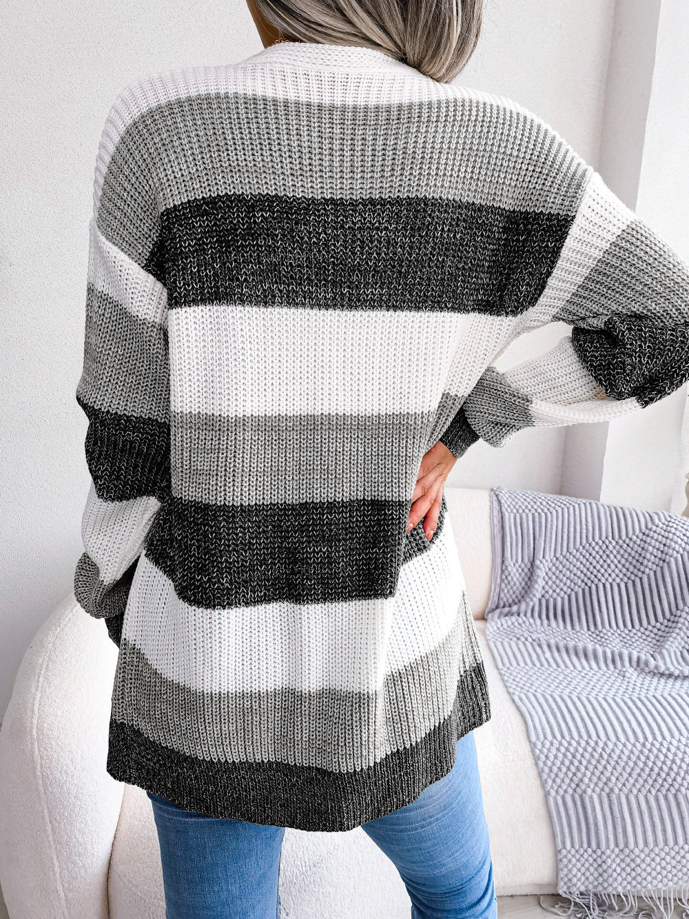 Cardigan avec Manches Lanternes à Carreaux