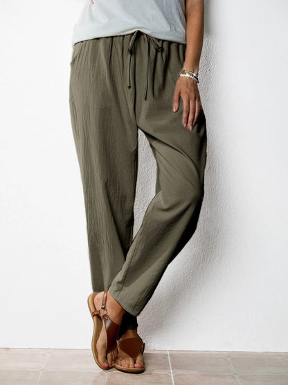 Pantalon Décontracté en Coton et Lin, Taille Élastique Femme