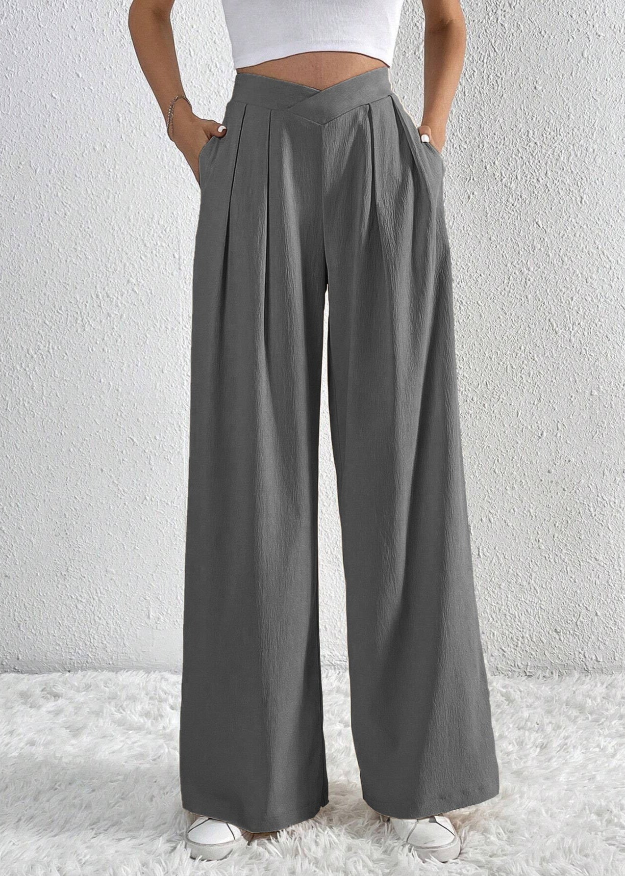Pantalon large plissé femme été Gris