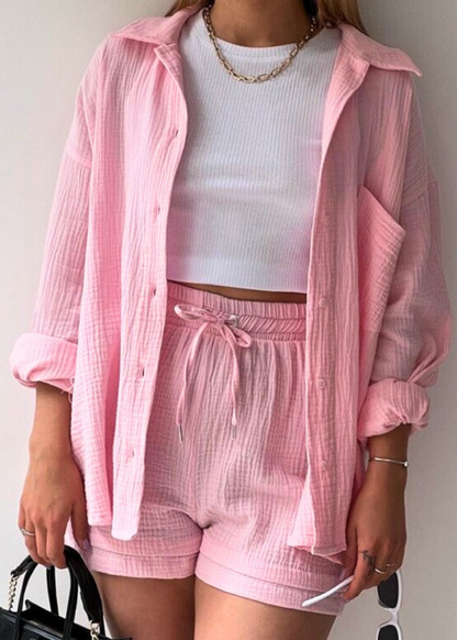 Chemise & Shorts Ensemble 2 pièces lin léger Rose