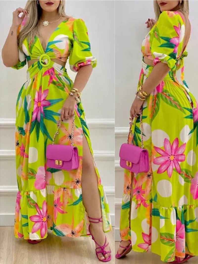 Robe Longue Bohème Decorative Col V Fendu