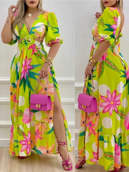 Robe Longue Bohème Decorative Col V Fendu