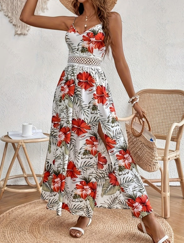 Robe Imprimée Décolletée avec Dentelle & Fente