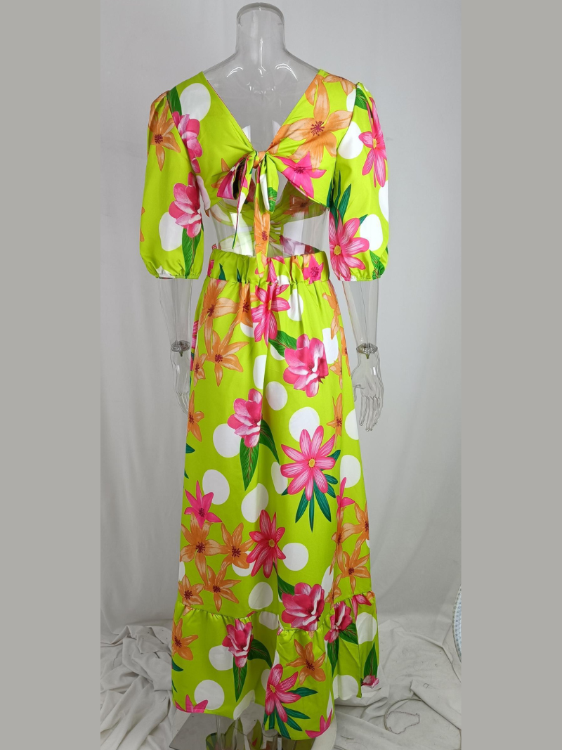 Robe Longue Bohème Decorative Col V Fendu