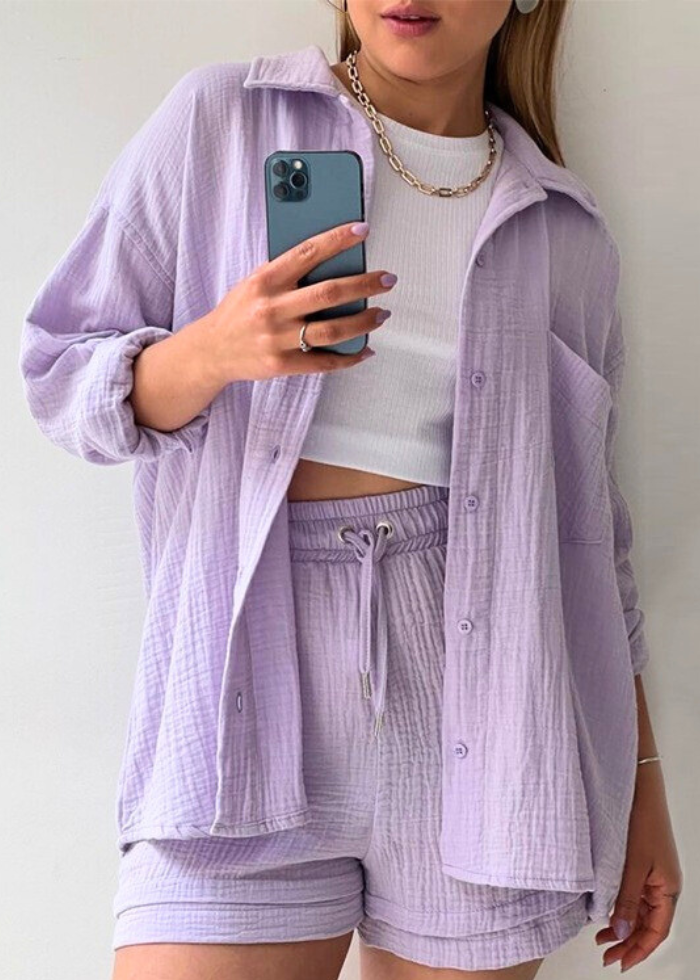 Chemise & Shorts Ensemble 2 pièces lin léger Violet clair