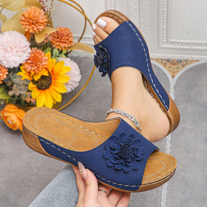 Sandales Compensées Fleur Rétro Été Femme Bleu
