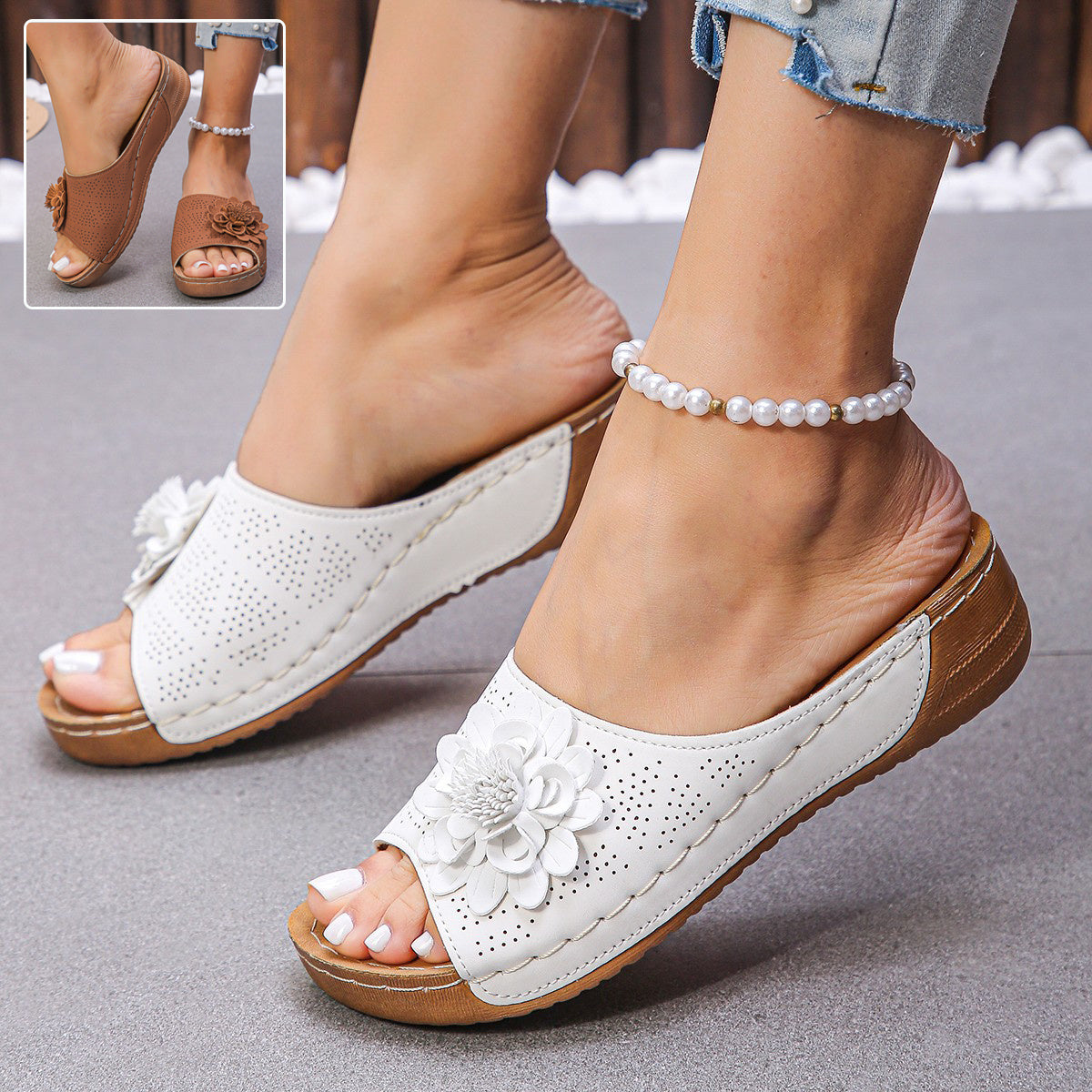 Sandales Compensées Fleur Rétro Été Femme
