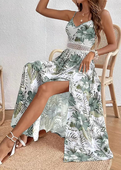 Robe Imprimée Décolletée avec Dentelle & Fente