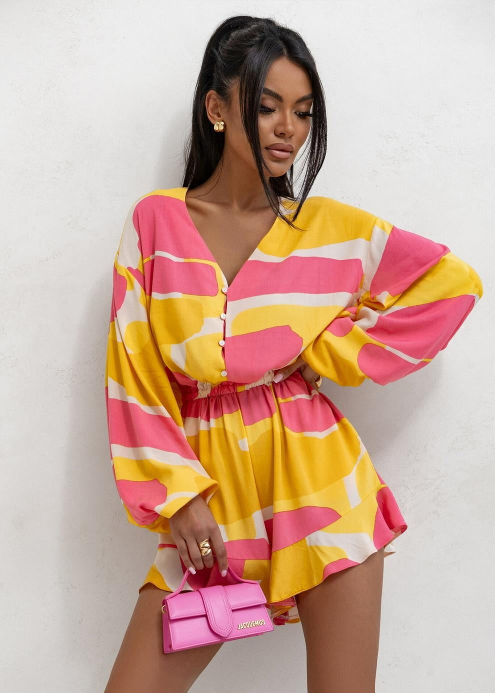 Jumpsuit imprimé col V manches longues Jaune