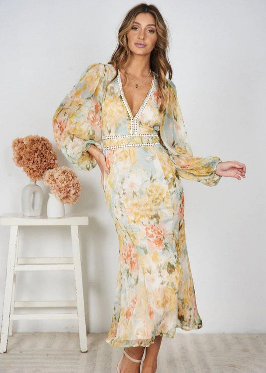 Robe Slim à Imprimé Floral en Chiffon Jaune