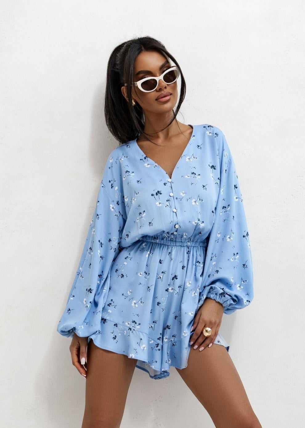 Jumpsuit imprimé col V manches longues Bleu