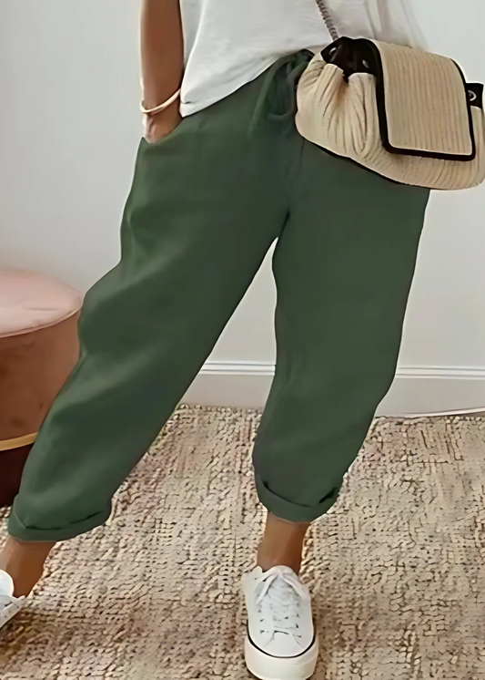 Pantalon Coton-Lin Femme Décontracté Vert armée