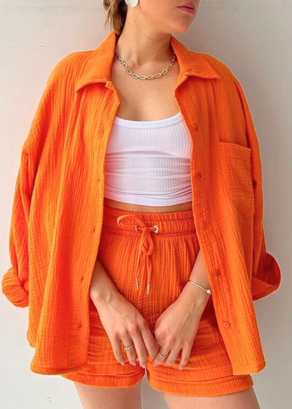 Chemise & Shorts Ensemble 2 pièces lin léger Orange