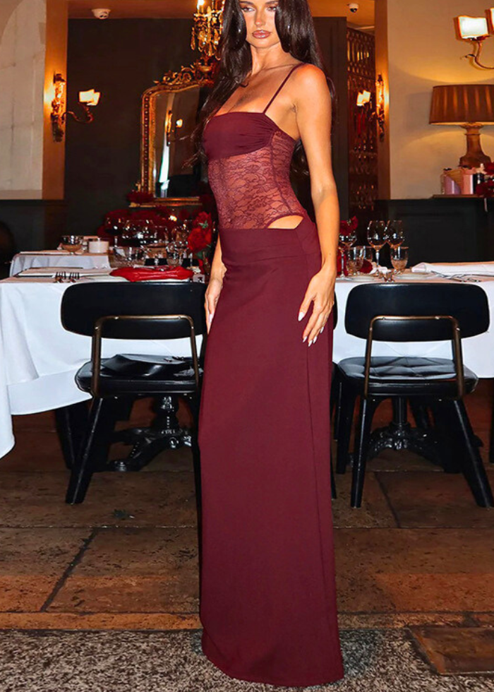 Robe longue dentelle à bretelles Vin rouge