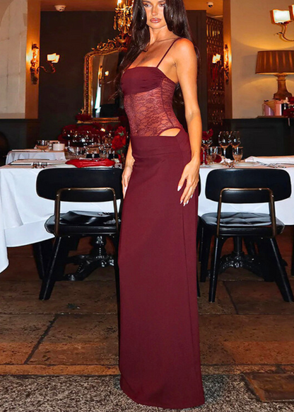 Robe longue dentelle à bretelles Vin rouge