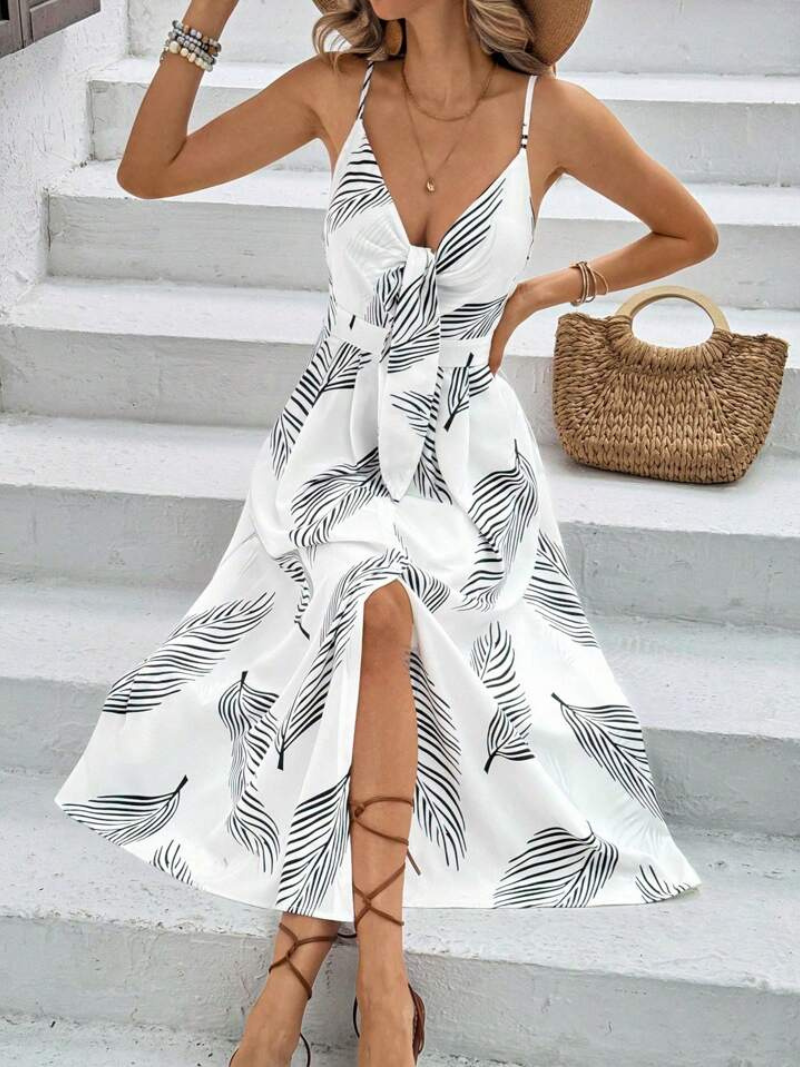 Robe a Col V et Longue Tropicale à Bretelles