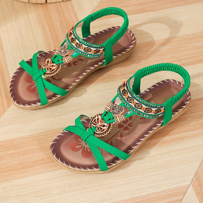 Sandales plates à strass et fleurs Vert Marron