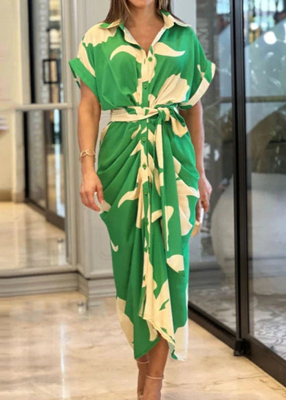 Robe chemise élégante imprimée ceinturée Vert