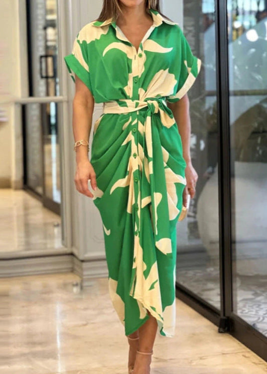 Robe chemise élégante imprimée ceinturée Vert