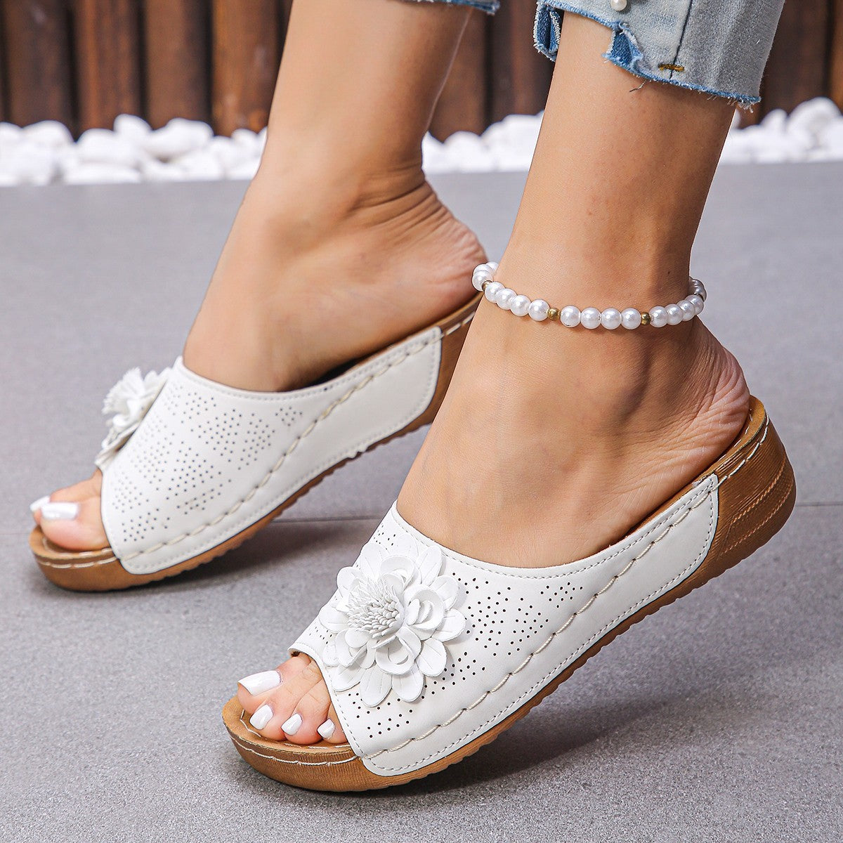 Sandales Compensées Fleur Rétro Été Femme Blanc
