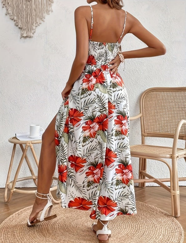Robe Imprimée Décolletée avec Dentelle & Fente