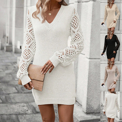 Robe Pull Tricotée à Col V et Manches Longues