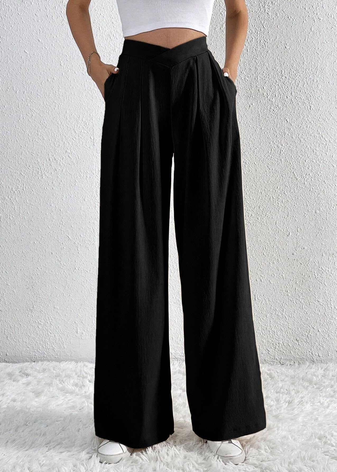 Pantalon large plissé femme été Black