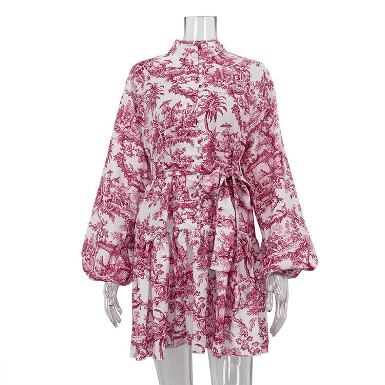 Robe Courte Élégante à Imprimé Artistique et Manches Bouffantes