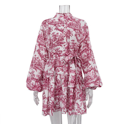 Robe Courte Élégante à Imprimé Artistique et Manches Bouffantes