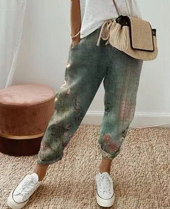 Pantalon Décontracté en Coton et Lin pour Femme