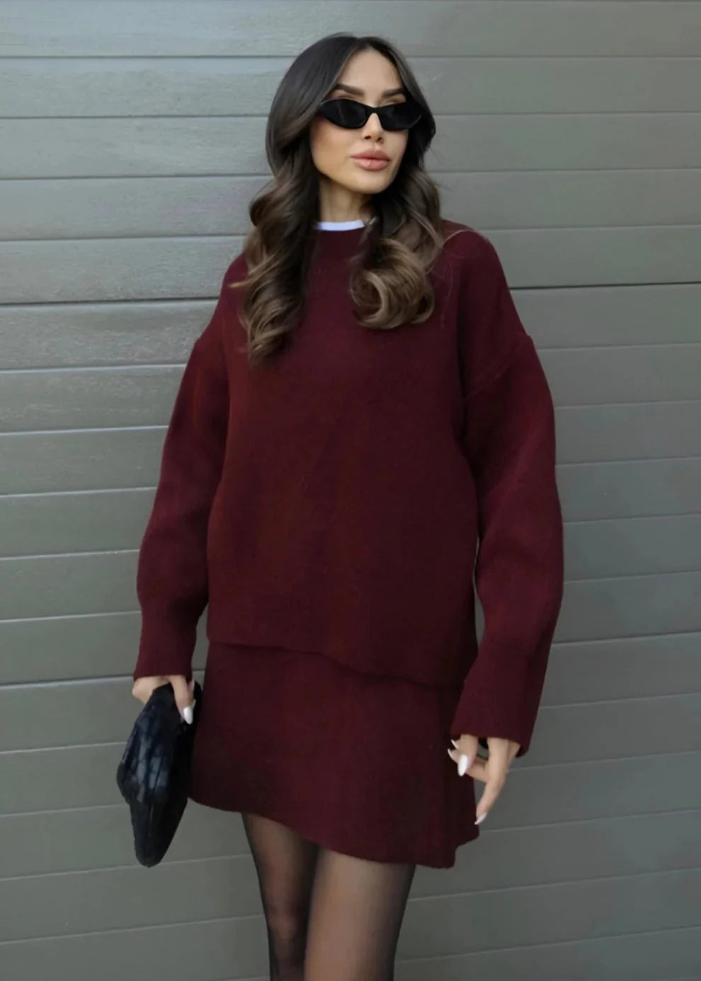 Ensemble pull et jupe élégante femme Rouge foncé