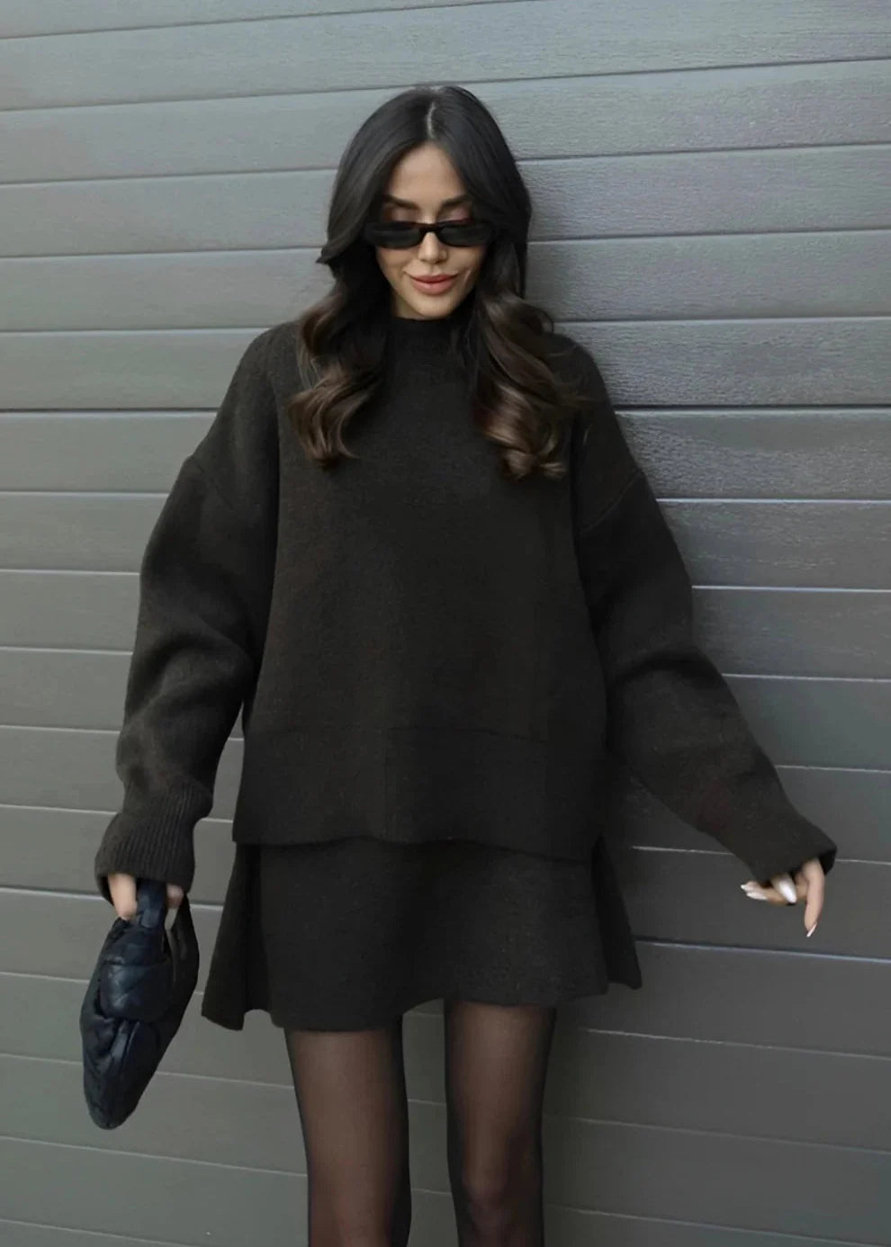 Ensemble pull et jupe élégante femme Café profond