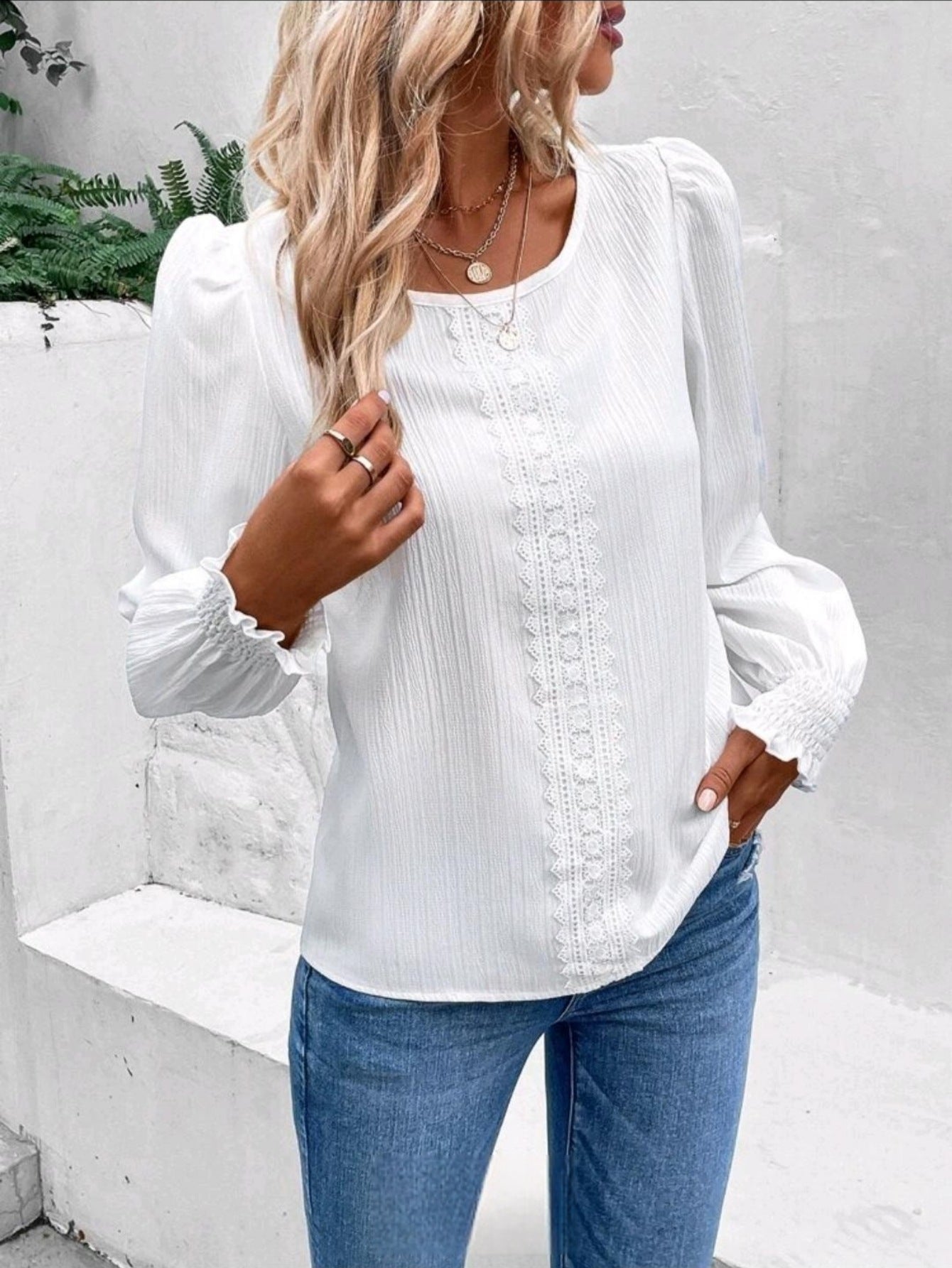 Haut Slim à Col Rond avec Finition Dentelle Blanc