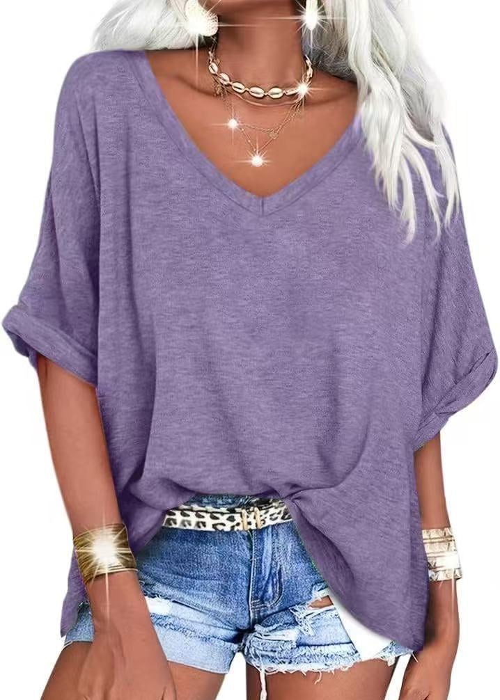 T-shirt Col V Été Décontracté