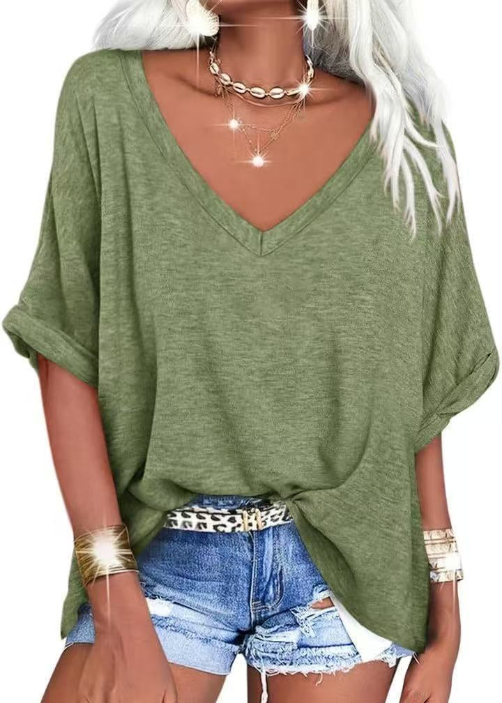 T-shirt Col V Été Décontracté