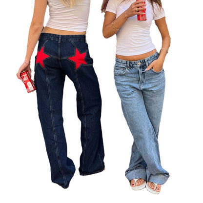 Pantalon Casual Rétro à Patchwork et Étoile à Cinq Branches
