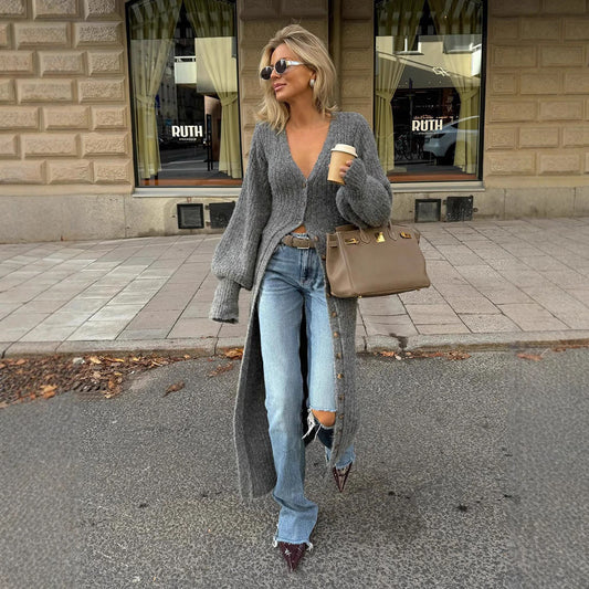 Cardigan Long en Maille Grise Décontracté