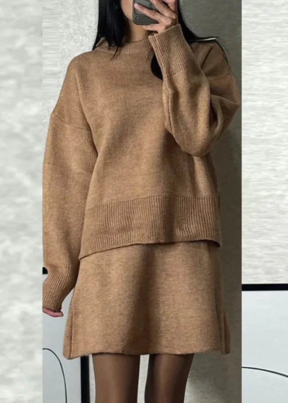 Ensemble pull et jupe élégante femme Chameau