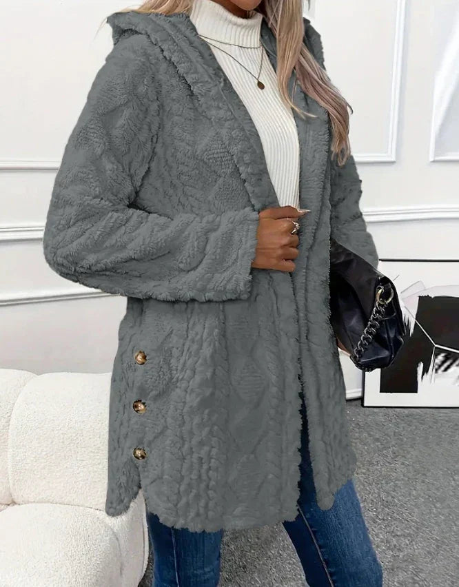 Manteau en Fleece à Capuche et Motif Argyle – Confort et Style Automnal Gris